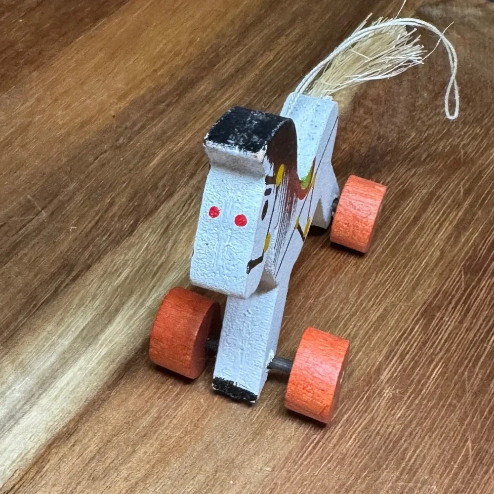 Vintage Kurt S Adler Wooden Horse Pull Toy Ornament Japan Painted White Orange
